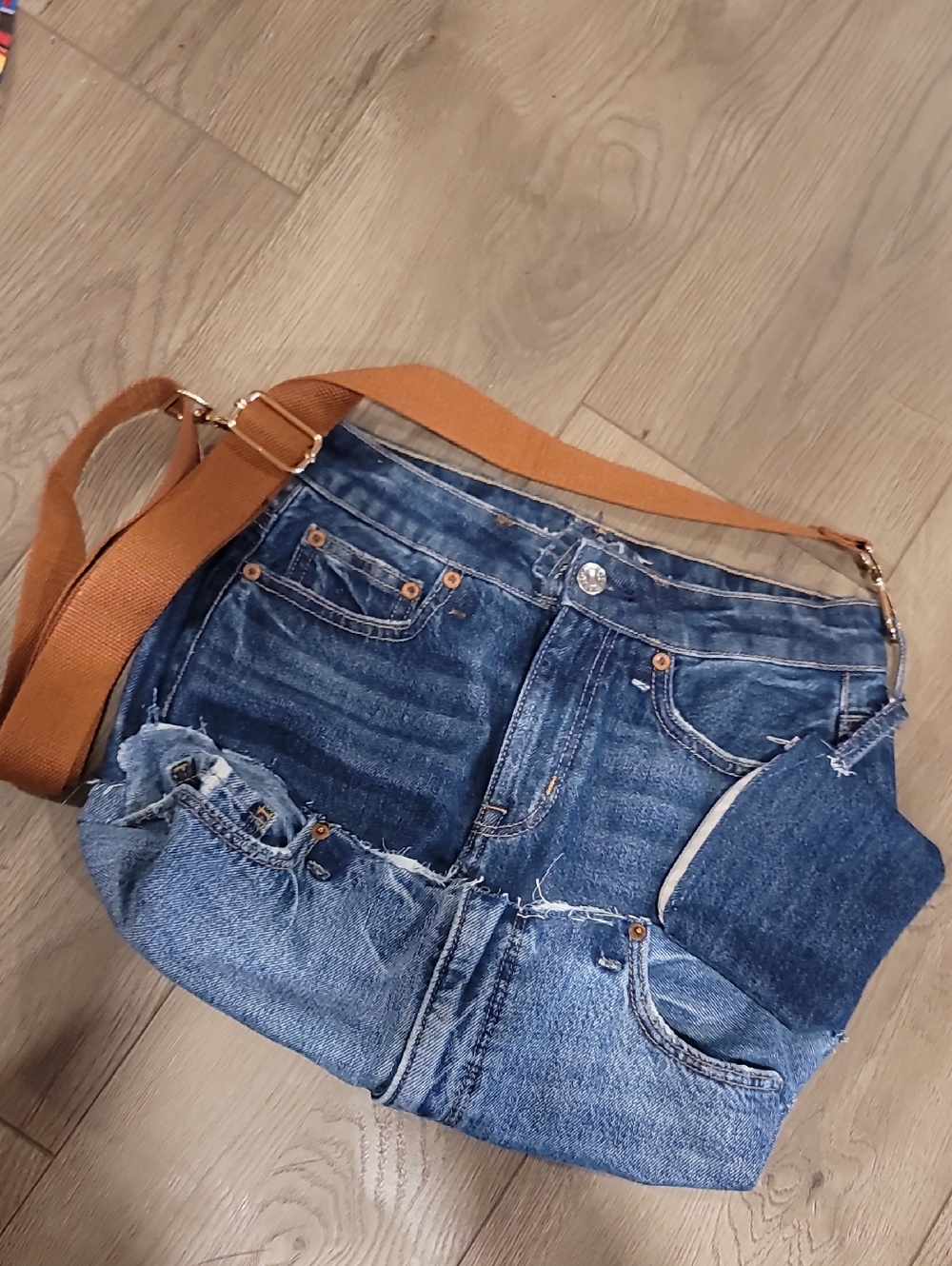 Upcycled Denim Crossbody Tote with Tan Strap And Coin Purse Keychain